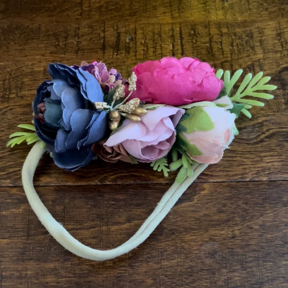 Floral headband w/ flowers magenta pink gold blue purple lavender green lilac